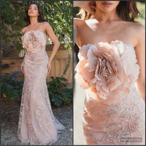 MAC DUGGAL 21036 Pink Strapless Lace Embellished Trumpet Gown With 3D Flower